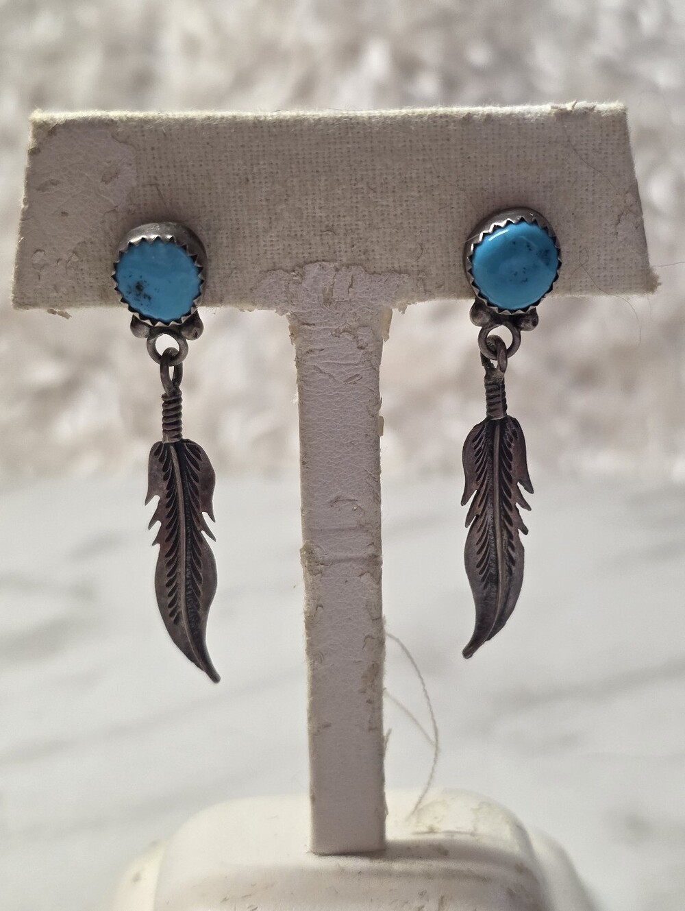 Turquoise Stone Feather Drop Earrings - Blue Sterling Style
